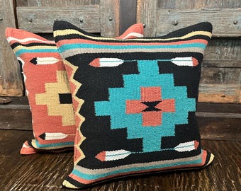 Retro Aztec Throw Pillow, Black & Turquoise, Southwestern Boho Decor (18x18) with insert
