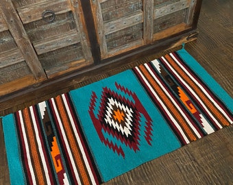 Teal Aztec Throw Rug: Southwestern Tribal Boho Decor (32x64)