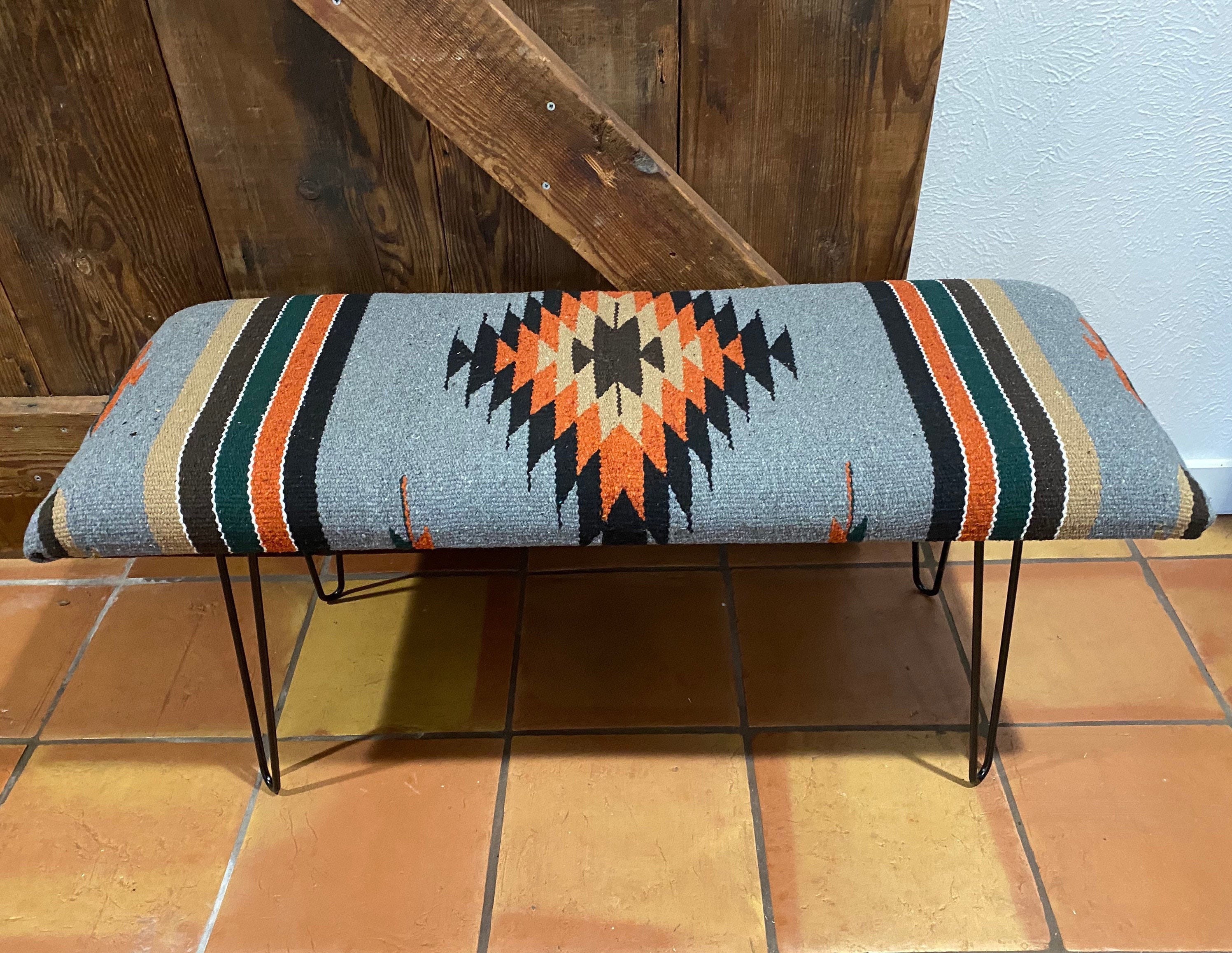 Grey Aztec Upholstered Bench With Hairpin Legs Southwestern Bench