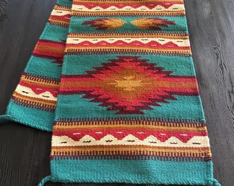 Unique Teal Wool Aztec Table Runner: Long Modern Tribal Design, Farmhouse table, Boho Table Runner with Southwest style