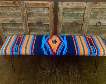 Southwest Rug Bench - Long 60" - Navy Aztec Diamond Pattern