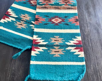 Turquoise Wool Aztec Table Runner: Modern Tribal Design, 80" Long