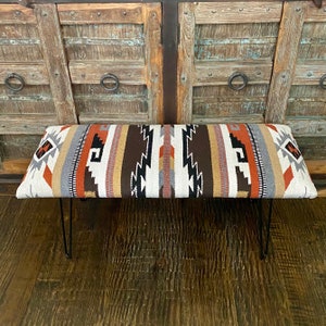 Aztec White and Tan Upholstered bench with Hairpin Leg, boho bench, farmtable bench, western furniture, Entryway bench, Southwest
