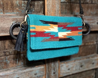 Teal Boho cross body, Aztec Patterned Clutch with Black removable strap
