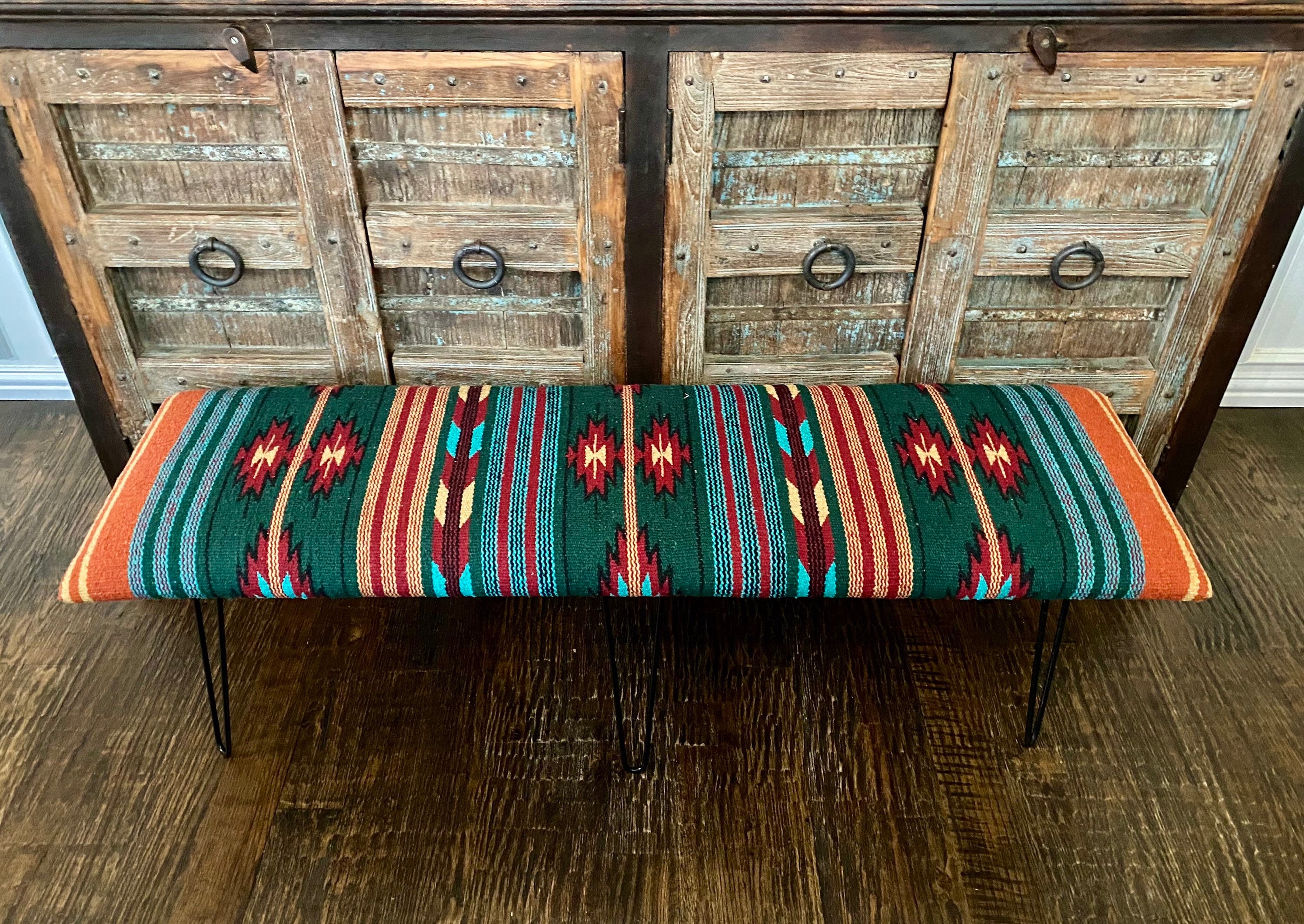 Aztec Upholstered Bench With Hairpin Legs, Southwestern Boho Dining ...
