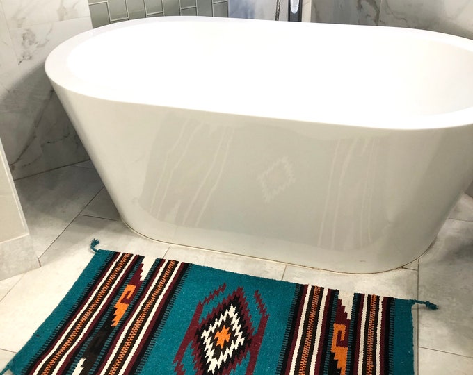 Small Teal Aztec Rug, Tribal Rug, Southwestern Throw Rug, Kilim, Boho ...