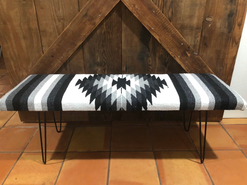 Mexican Blanket Grey upholstered bench with Hairpin Leg aztec Etsy