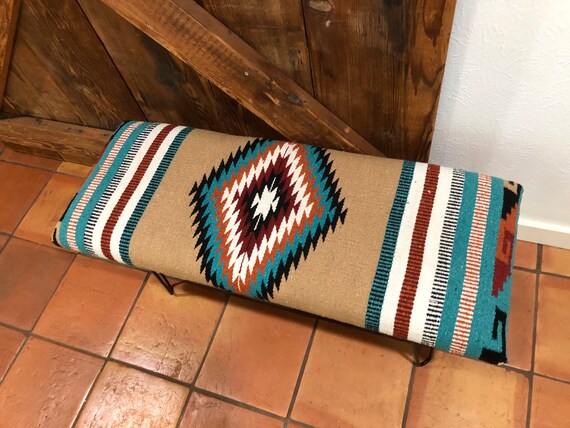 Tan Aztec upholstered Bench Hairpin Legs western bench boho - Etsy 