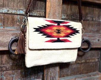Creme Boho cross body, Aztec Patterned Clutch with brown strap