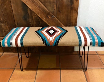 Southwest Rug Bench – 42" – Tan & Teal Diamond Pattern
