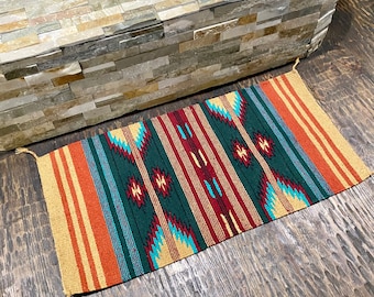 Small Tan and Teal Aztec Rug, Tribal Rug, Southwestern Rug, Kilim, Boho ...