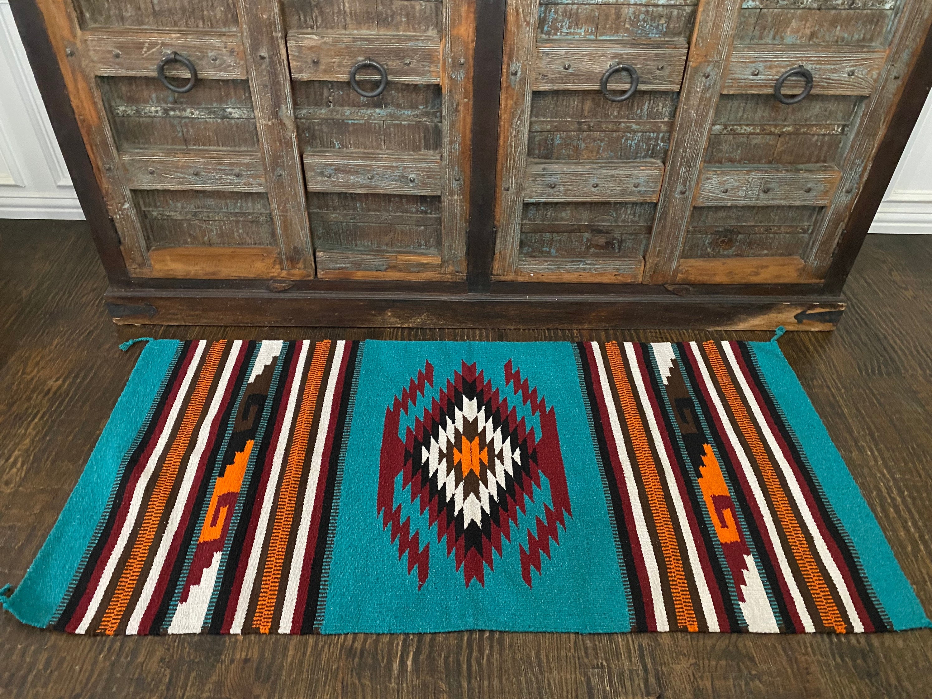 Teal Aztec Rug Tribal Rug Southwestern Throw Rug Kilim Etsy UK