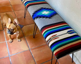 Southwest Rug Bench – Long 60" - Grey Multi Diamond Pattern