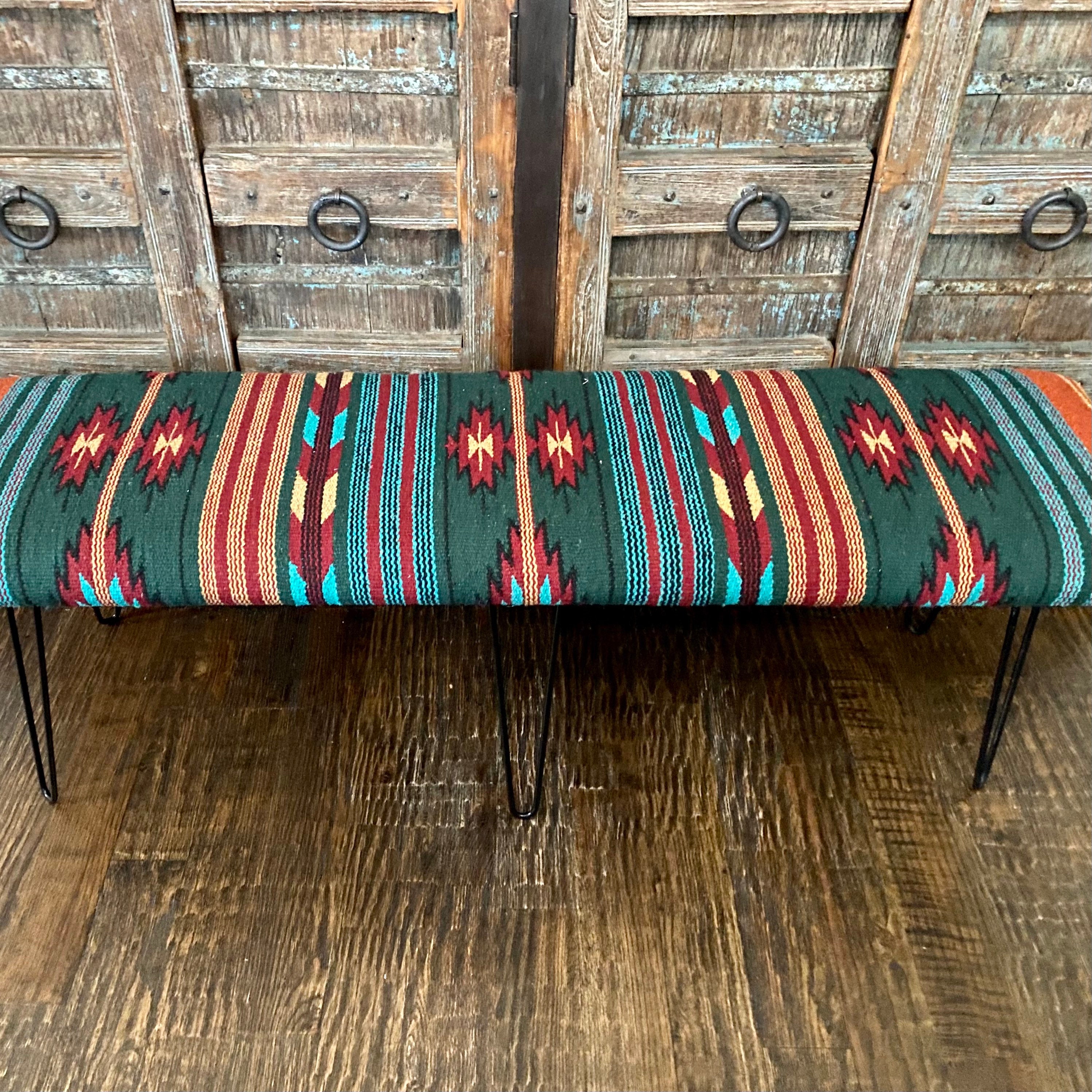 Aztec Upholstered Bench With Hairpin Legs, Southwestern Boho Dining ...