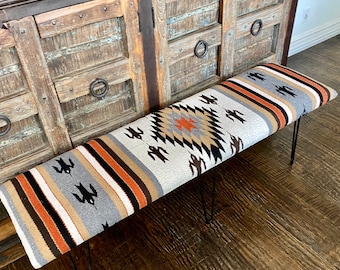 White Thunderbird Aztec upholstered bench with metal mid-century hairpin legs. Unique Southwest inspired custom padded bench, made to order.