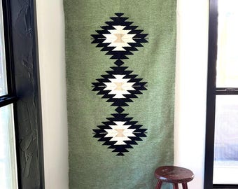 Handwoven Green Aztec Wall Tapestry: Southwestern Boho Decor (32"x64")