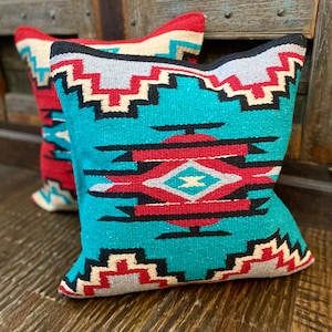 Retro Turquoise and Grey Throw pillow with insert 18&quot; x 18&quot;; boho southwestern style, western decor, unique patterned pillow