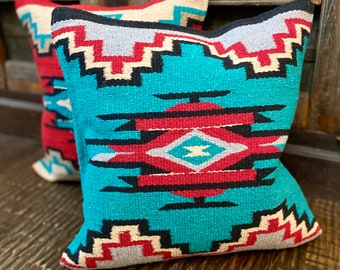 Retro Turquoise Aztec Throw Pillow, Boho Southwestern Decor (18x18)