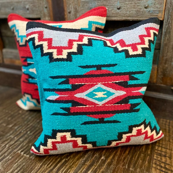 Teal & Gray retro Aztec Throw Pillow with insert, boho pillow, western pillow, southwestern pillow, western boho decor