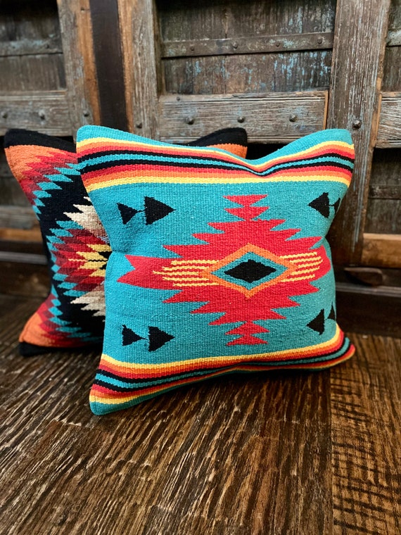 Teal Orange Retro Aztec Throw Pillow With Insert Boho Pillow Western Pillow Southwestern Pillow Western Boho Decor Etsy