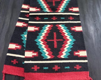 Wool Aztec Table Runner: Black Long Tribal Design