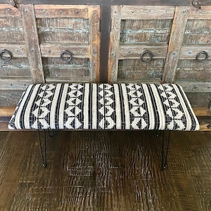 Boho Upholstered Bench Hairpin Legs, farmhouse bench, boho ottoman, aztec bench, Entryway bench, farmhouse table bench, Kilim