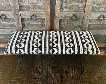 Boho Upholstered Bench Hairpin Legs, farmhouse bench, boho ottoman, aztec bench, Entryway bench, farmhouse table bench, Kilim