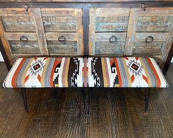 Southwest Rug Bench - Long 60" - White & Tan Aztec Pattern