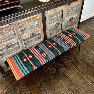 Southwest Rug Bench - Long 60" - Green & Gold Aztec Pattern