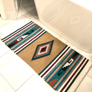 Small Tan and Teal Aztec Rug, Tribal Rug, Southwestern Rug, Kilim, Boho ...