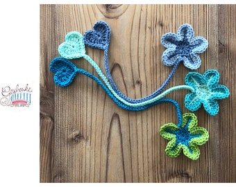 Crocheted umbilical cord ribbon - umbilical cord - flower with heart - in shades of blue, turquoise, green - birth - midwife - doula