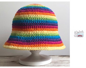 gehäkelter Fischerhut - Regenbogen-Farben - gestreifter Häkelhut - Baumwolle - Sonnenhut mit Streifen - Einheitsgröße