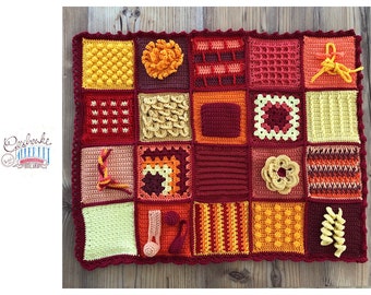 crochet sensory blanket for adults - cotton nestle blanket - fidget blanket - twiddle blanket in shades of red, yellow and orange