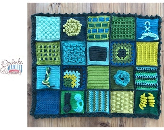 gehäkelte Sensorik-Decke für Erwachsene - Nestel-Decke aus Baumwolle - Fidget-Decke - Twiddle-Decke in Grün- und Türkis-Tönen
