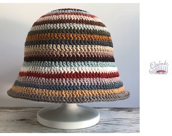 crocheted bucket hat - in natural colors - striped cotton crochet hat - sun hat with stripes - one size