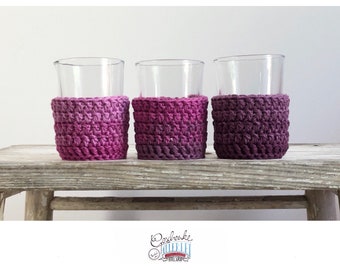 Lanterns with a crocheted cover - set of 3 - candle glasses in a basket - crocheted tea light glasses in berries - color gradient in purple tones