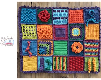 gehäkelte Sensorik-Decke für Erwachsene - Nestel-Decke aus Baumwolle - Fidget-Decke - Twiddle-Decke in kräftigen bunten Farben