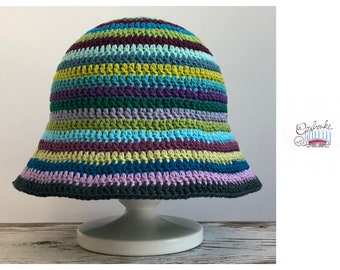 crocheted fisherman's hat - green-turquoise-purple tones - striped cotton crochet hat - sun hat with stripes - one size fits all