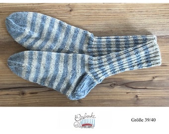 Ringelsocken handgestrickt - Größe 39/40 - Alpaka-Mix - gestreifte Socken mit verstärkter Ferse - Wollstrümpfe in graublau/silber