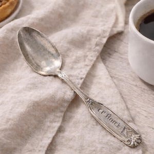 May include: A silver spoon, inscribed with "CP Hotch", lies on a beige linen napkin. A white cup of coffee and a small pastry are also present. The spoon's handle features floral detailing.