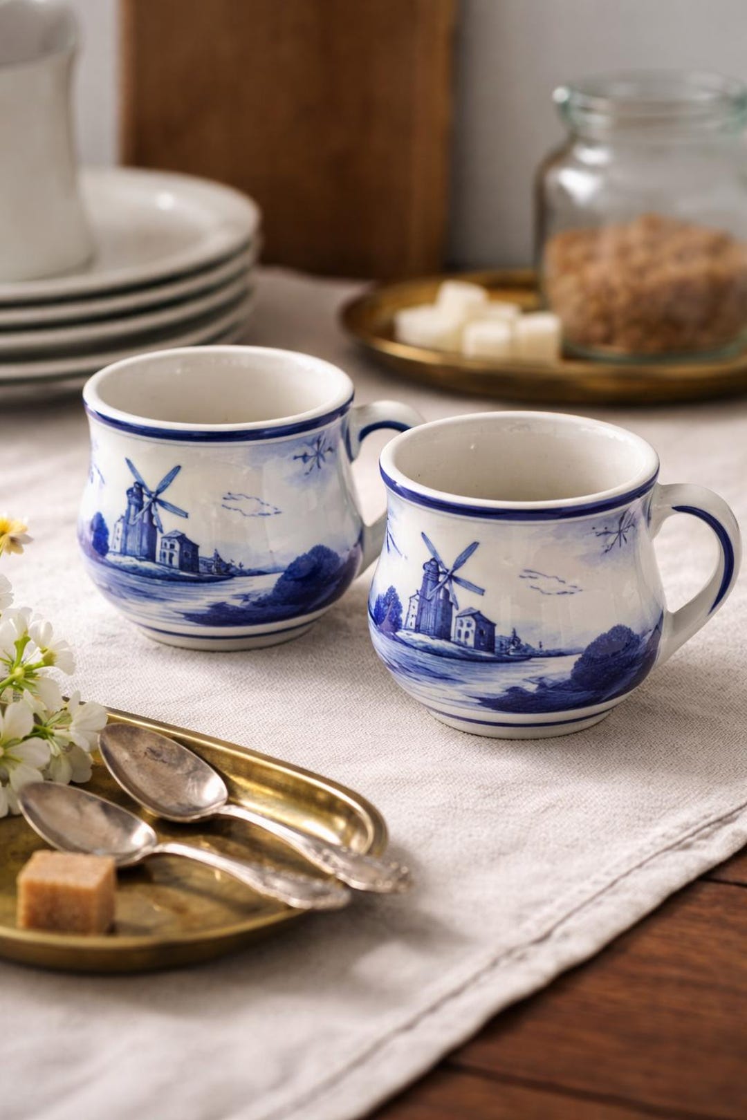 Vintage Delft Style Blue & White Mugs | Set of 2 | Windmill Design ...