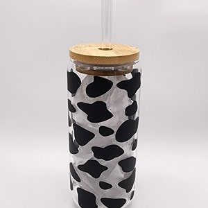 20 oz Cow Print libby glass can, Glass cup, cold coffee cup, decorated cup, personalized cup, cup with lid and straw