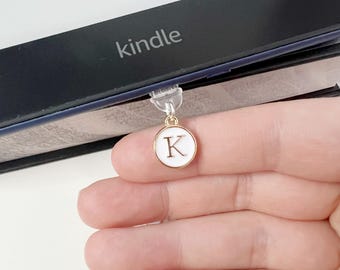 Gold Initial Kindle Charm: White Enamel Phone Charm