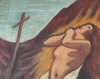 Antique Religious Oil Painting on Canvas, Vintage Art