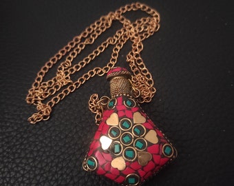 Antique Perfume Bottle, Perfume Pendant, Enamel Necklace