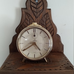 Vintage Peter Trio German Desk Clock, Mechanical Clock, Alarm, Table Clock, Wind-up, with wooden cabinet