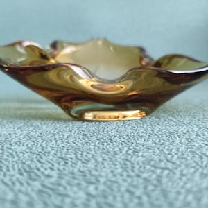 Stunning Heavy Blue Yellow Vintage Art Glass Ashtray, Vintage Hand Blown, petal floraform