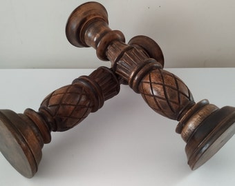 Pair vintage hand made wooden candle holders carved, Farmhouse Home Decor