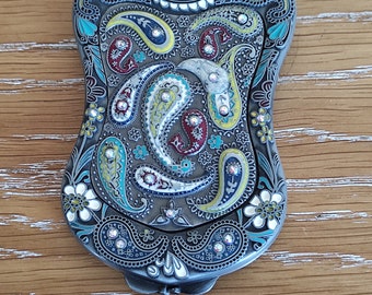 Enamel Paisley Compact Mirror Jeweled Makeup Mirror Vintage Style