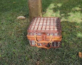 Picnic Basket, Vintage Woven Wicker Basket with Domed/Hinged Lid, Garden Decor